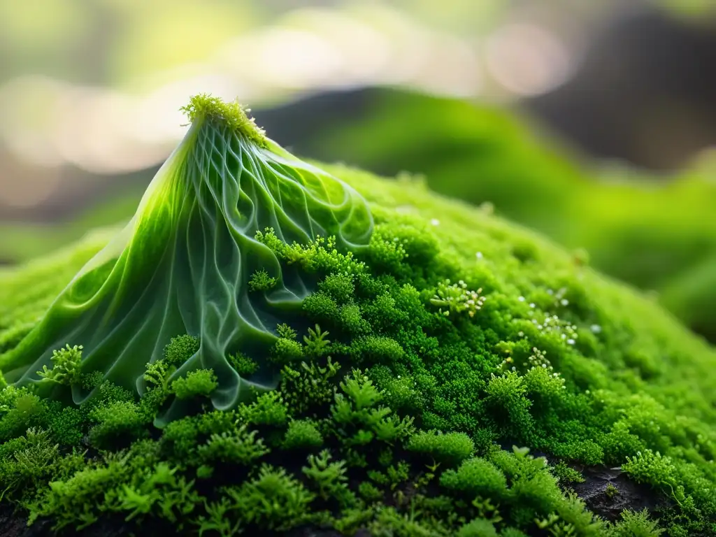 Detalle impresionante de bioplástico sostenible tecnologías emergentes abrazado por musgo y plantas, simbolizando su relación con la naturaleza