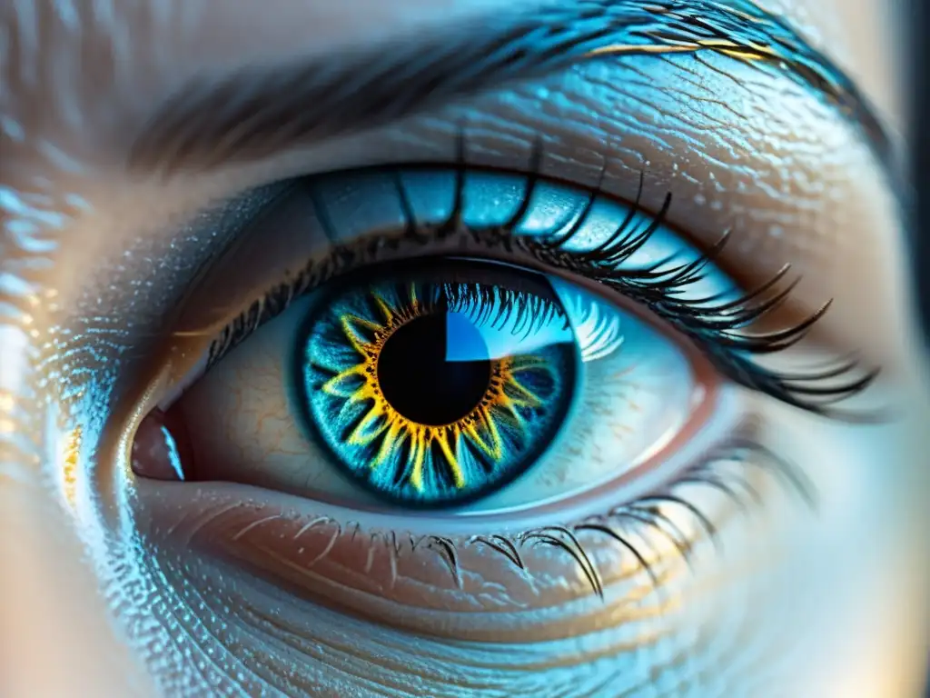 Detalle impresionante del ojo humano con patrones de iris y reflejos de luz, destacando la seguridad personal mediante reconocimiento biométrico