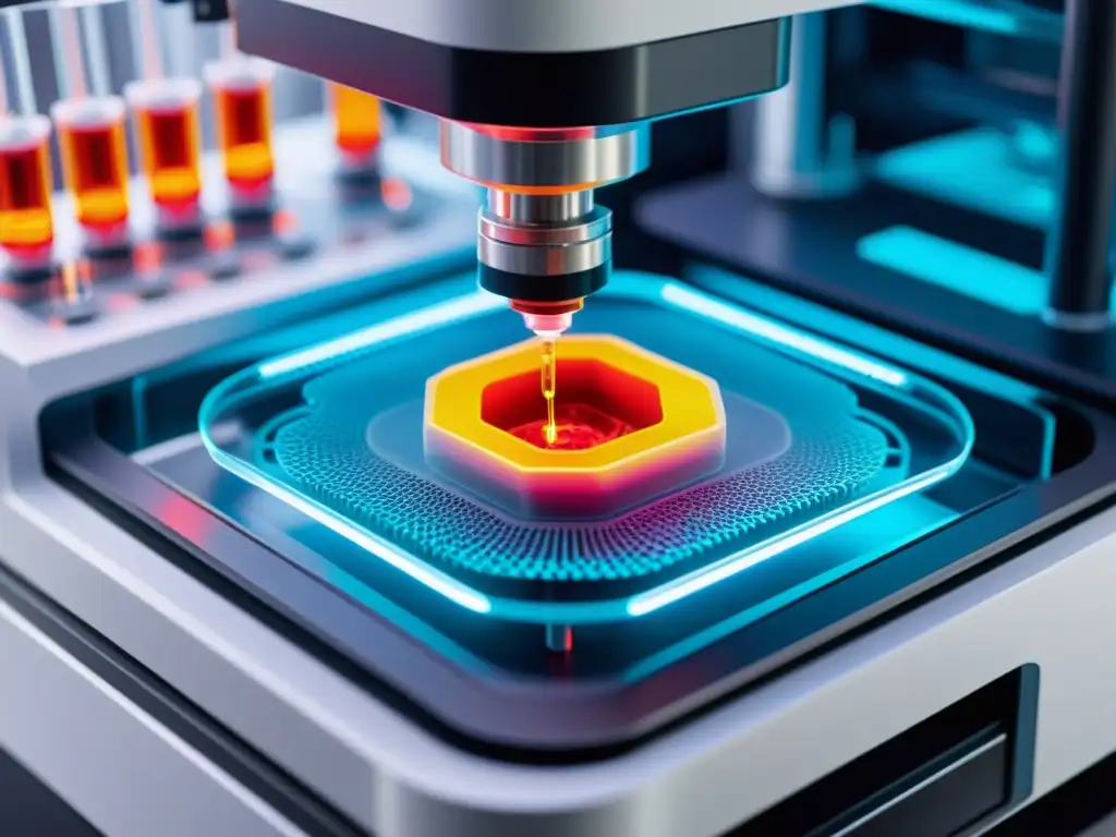 Detalle impresionante de bioimpresión 3D de órganos y tejidos, con células y biomateriales en vibrantes colores y precisión futurista