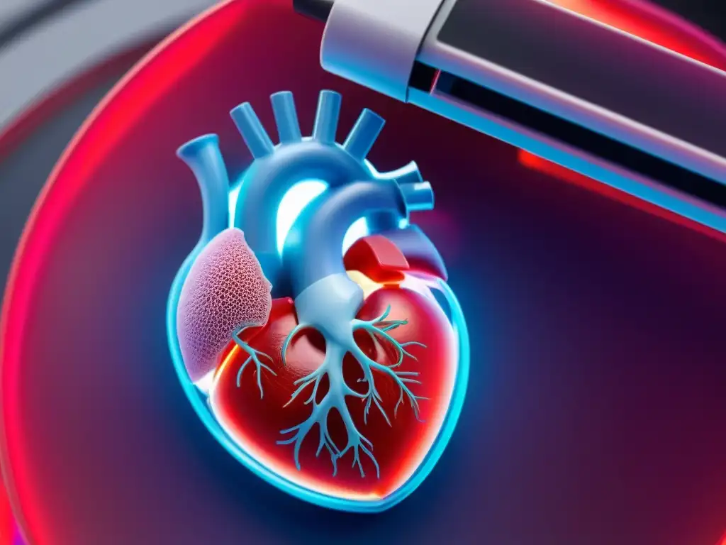 Detalle de impresora 3D creando un corazón humano con biotinta y células vivas