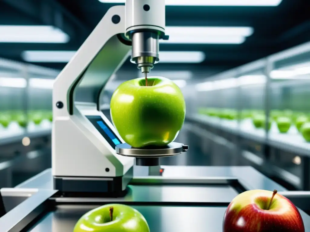 Detalle de máquina de control de calidad IoT inspeccionando una manzana perfectamente madura en laboratorio agrícola futurista y estéril