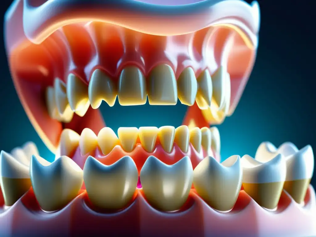 Detalle de material dental nanoingenierizado interactuando con esmalte natural, destacando la fusión de tecnología avanzada y odontología