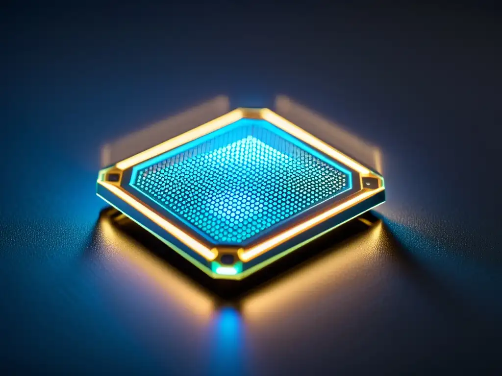 Detalle de nanodispositivo futurista con circuitos intrincados y componentes diminutos, iluminado por LED azul, en fondo oscuro