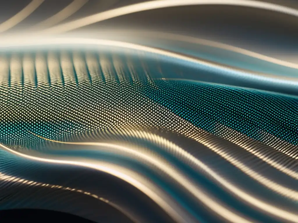 Tejido de nanofibras metálicas: patrones futuristas y brillo iridiscente Detalle de tela con nanofibras metálicas, deslumbrante y futurista