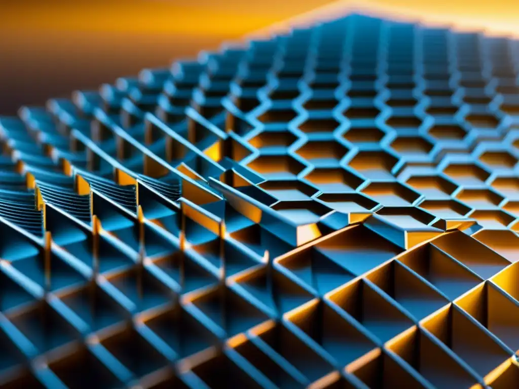 Detalle de nanomaterial futurista bañado en cálido resplandor dorado, transmitiendo la transformación de calor en electricidad
