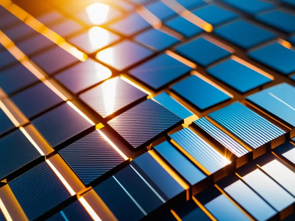 Detalle de nanomateriales en energía renovable: superficie de panel solar con texturas microscópicas y patrón de sombras bajo la luz solar