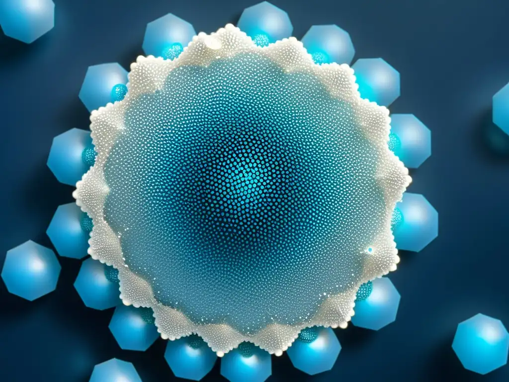 Detalle de nanopartículas de plata en una matriz lipídica hexagonal, emitiendo suave brillo azul