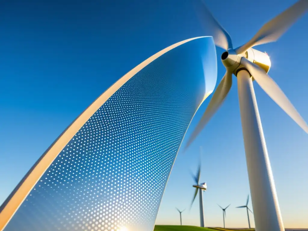 Detalle de una pala de turbina eólica con nanotecnología, reflejando la innovación y tecnología avanzada