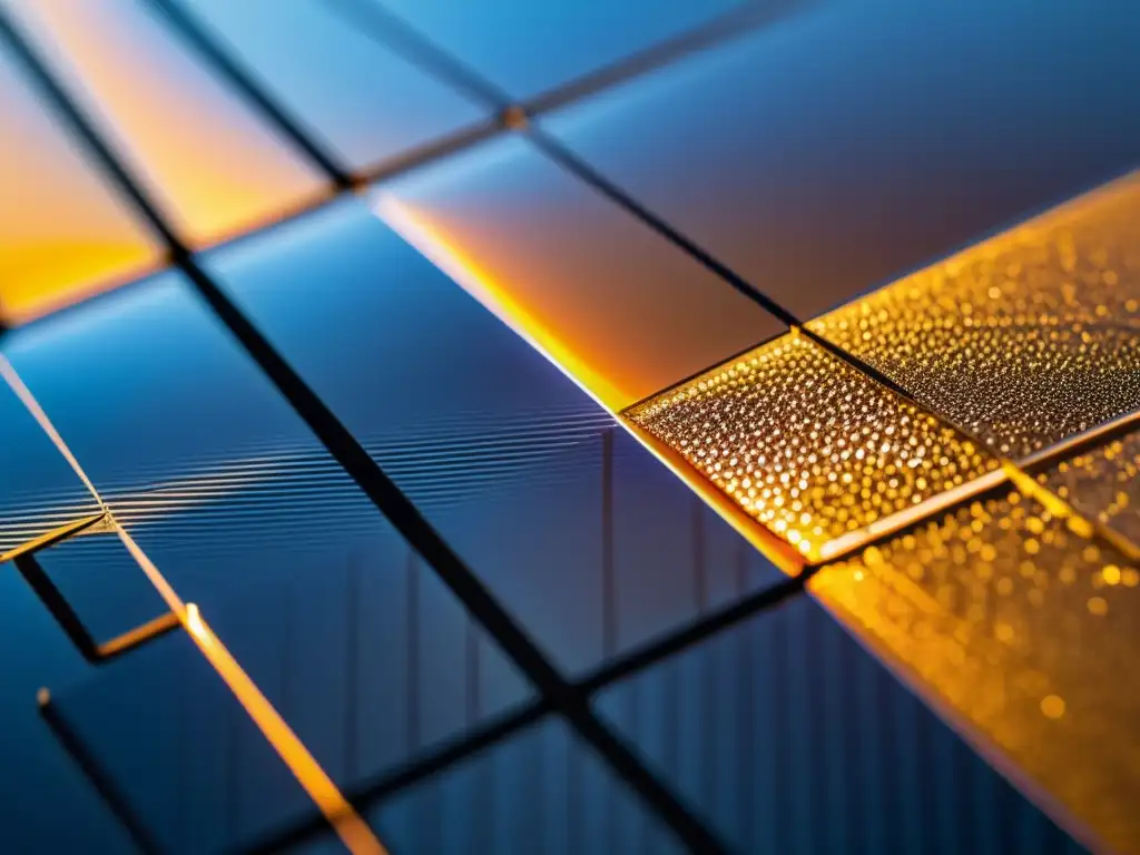 Detalle ultrarresolución de panel solar con nanorecubrimiento, resaltando beneficios de nanocoatings en paneles solares con juego de luz y sombra