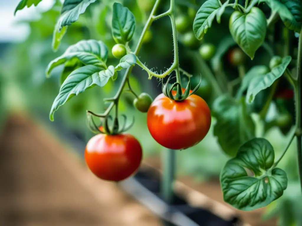 Detalle de planta de tomate genéticamente modificado con frutos rojos maduros