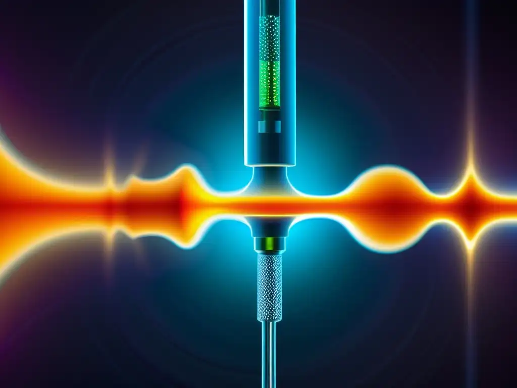 Detalle de sistema de inyección de combustible futurista con nanopartículas en combustibles tradicionales, ilustrando innovación y avanzada tecnología