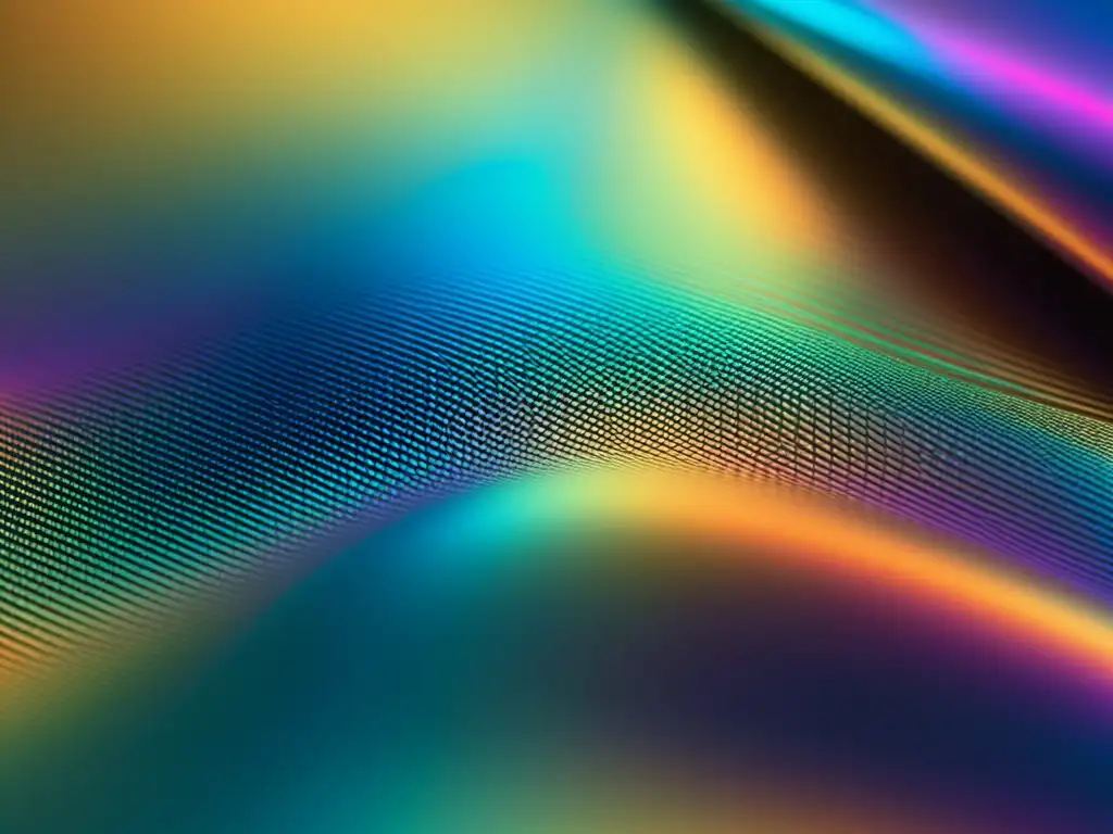 Tejido futurista de nanofibras metálicas en laboratorio Detalle de tela futurista con nanotecnología en textiles inteligentes, reflejando luz iridiscente en un entorno de laboratorio de vanguardia