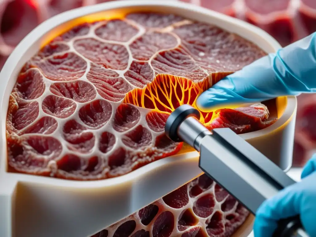 Detalle ultrapreciso de carne cultivada en laboratorio bajo microscopio de alta potencia, mostrando su estructura celular e innovación científica