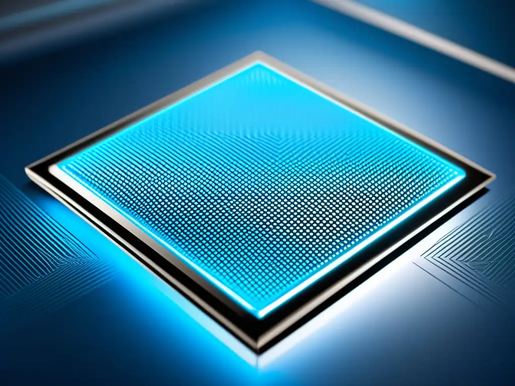 Detalle ultrapreciso de dispositivo nanotecnológico para reducción de ruido, en un entorno futurista vibrante de azul eléctrico y plata metálica