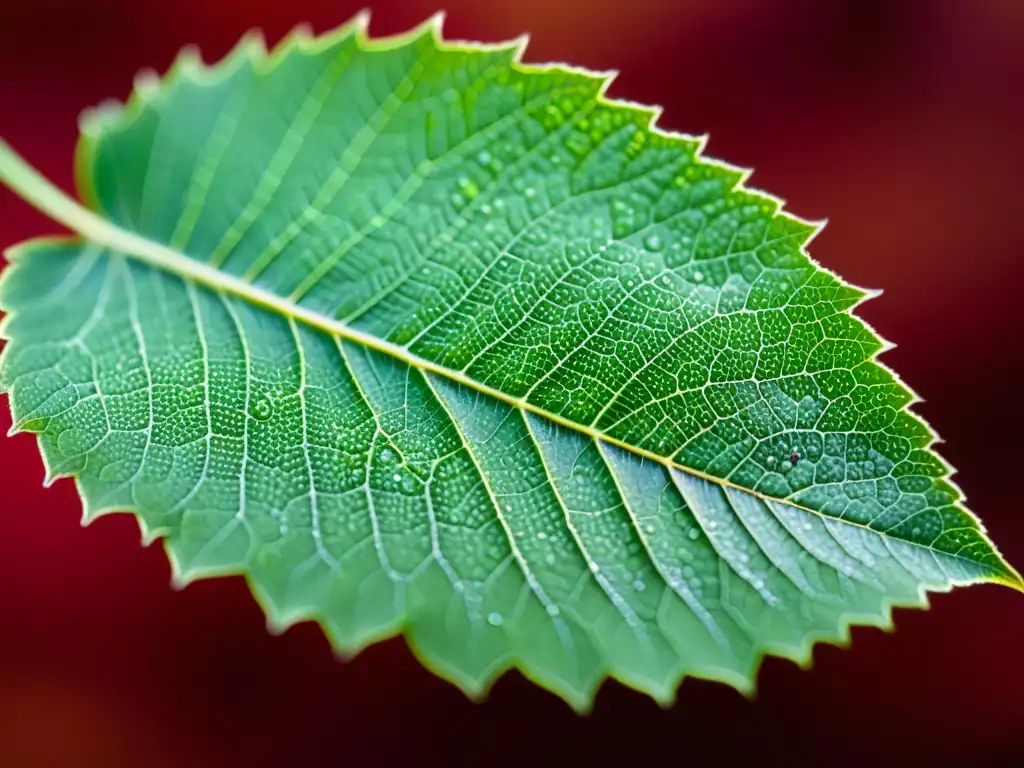 Detalle ultrapreciso de hoja con nanopartículas brillantes en patrón geométrico