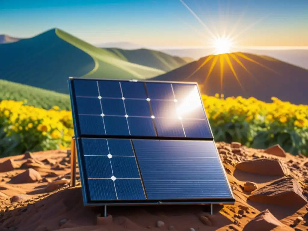 Detalle ultrapreciso de panel solar con nanotecnología en energía solar capturando la luz solar en un paisaje vibrante y soleado