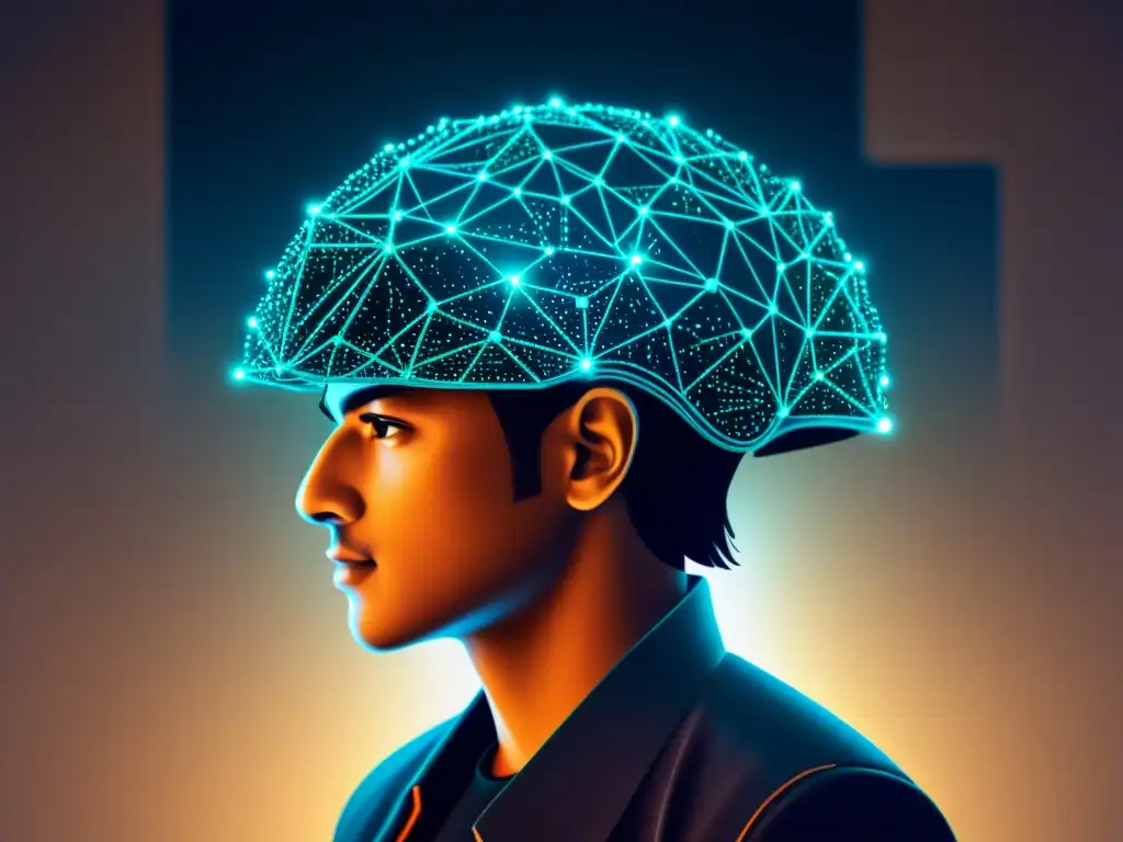 Retrato ciberpunk de la mente del hacker Detalle ultrarrealista de la mente del hacker como red digital compleja, con código brillante fluyendo