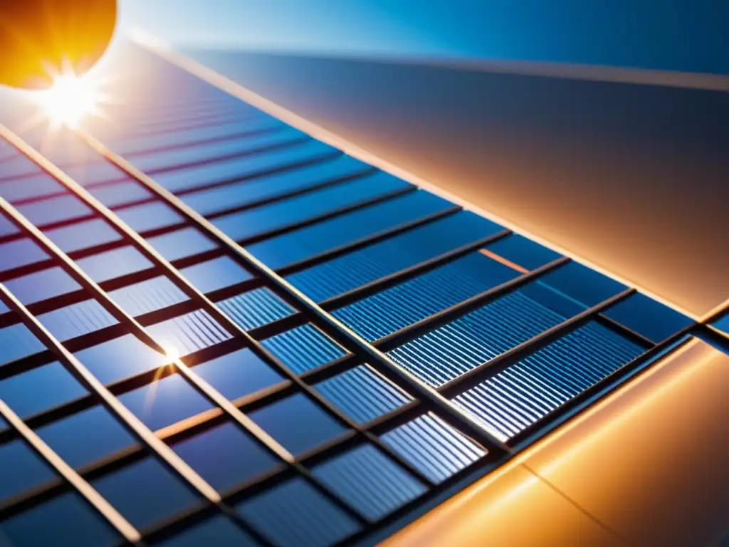 Detalles fascinantes de un panel solar con nanomateriales para captura solar, reflejando la luz en patrones dinámicos y futuristas