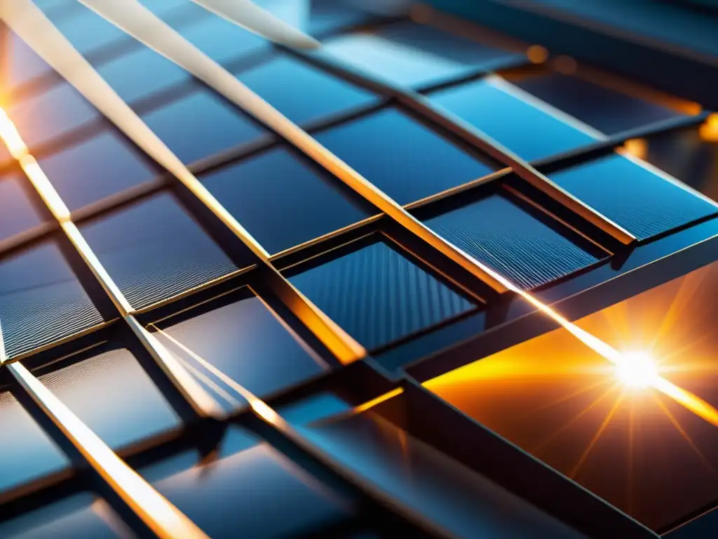 Detalles de panel solar con nanotecnología, reflejando luz solar y futuro en energía sostenible