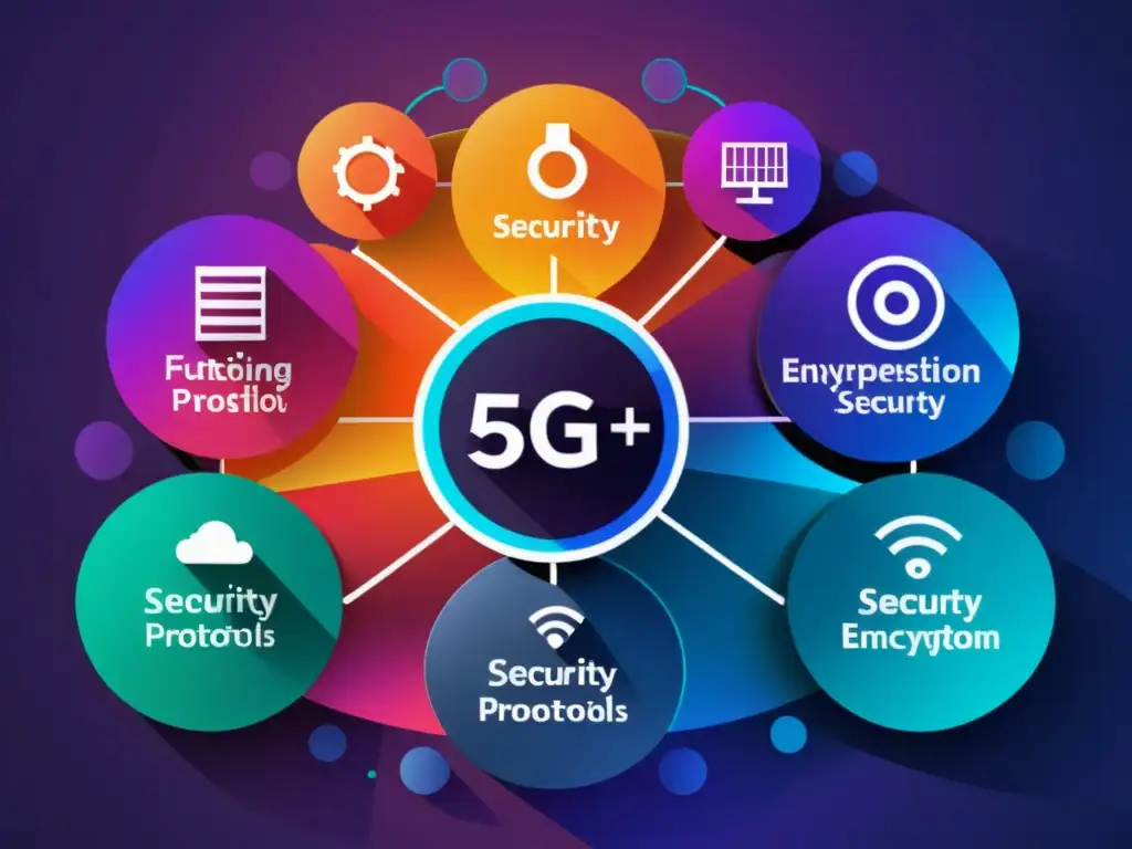 Un diagrama de cifrado en redes 5G: seguridad de datos con un diseño futurista, capas de seguridad y protocolos de encriptación avanzados