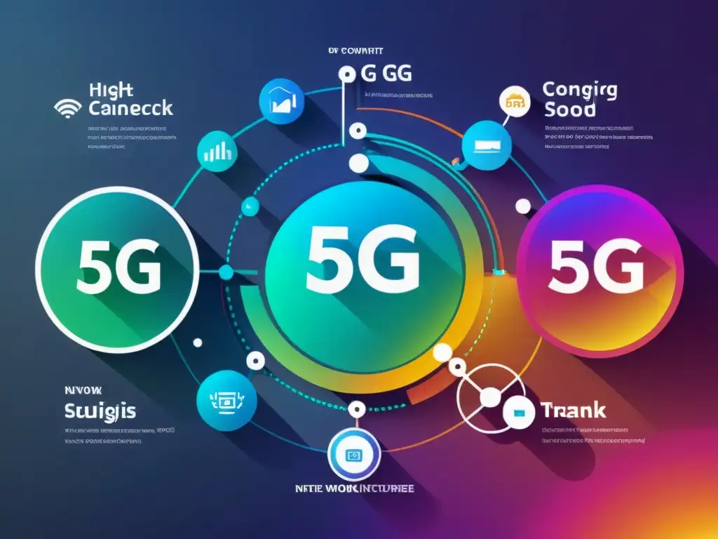 Un diagrama de red 5G vibrante y futurista que muestra la interconexión de dispositivos y flujo de datos, transmitiendo la neutralidad de la red en 5G