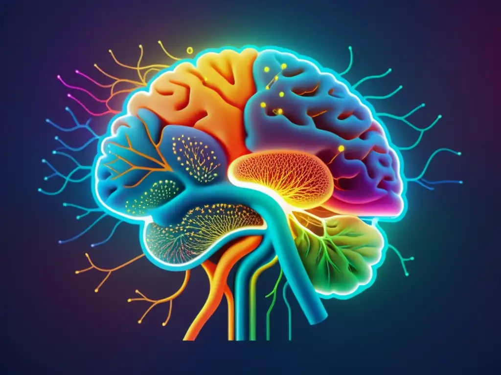 Diagrama de red neural compleja, con colores vibrantes y modernidad, representando avances en bioingeniería neurológica