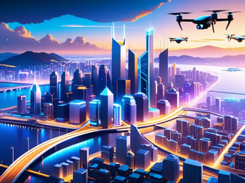 Ilustración digital de una ciudad futurista y cibersegura con blockchain como defensa contra hackers, con rascacielos modernos y drones