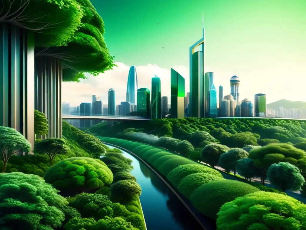 Una ilustración digital de una ciudad futurista integrada con exuberante vegetación, simbolizando la armonía entre tecnología avanzada y naturaleza en la gestión ambiental con inteligencia artificial