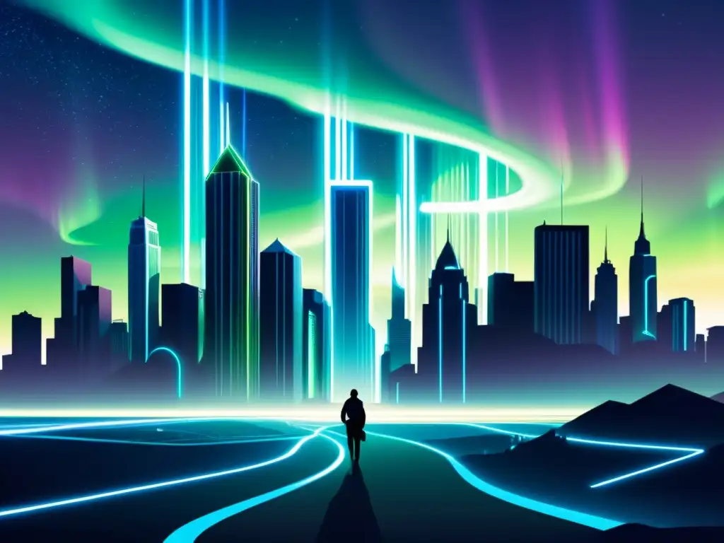 Una ilustración digital de una ciudad futurista con rascacielos imponentes, bajo una aurora boreal que crea un ambiente surrealista