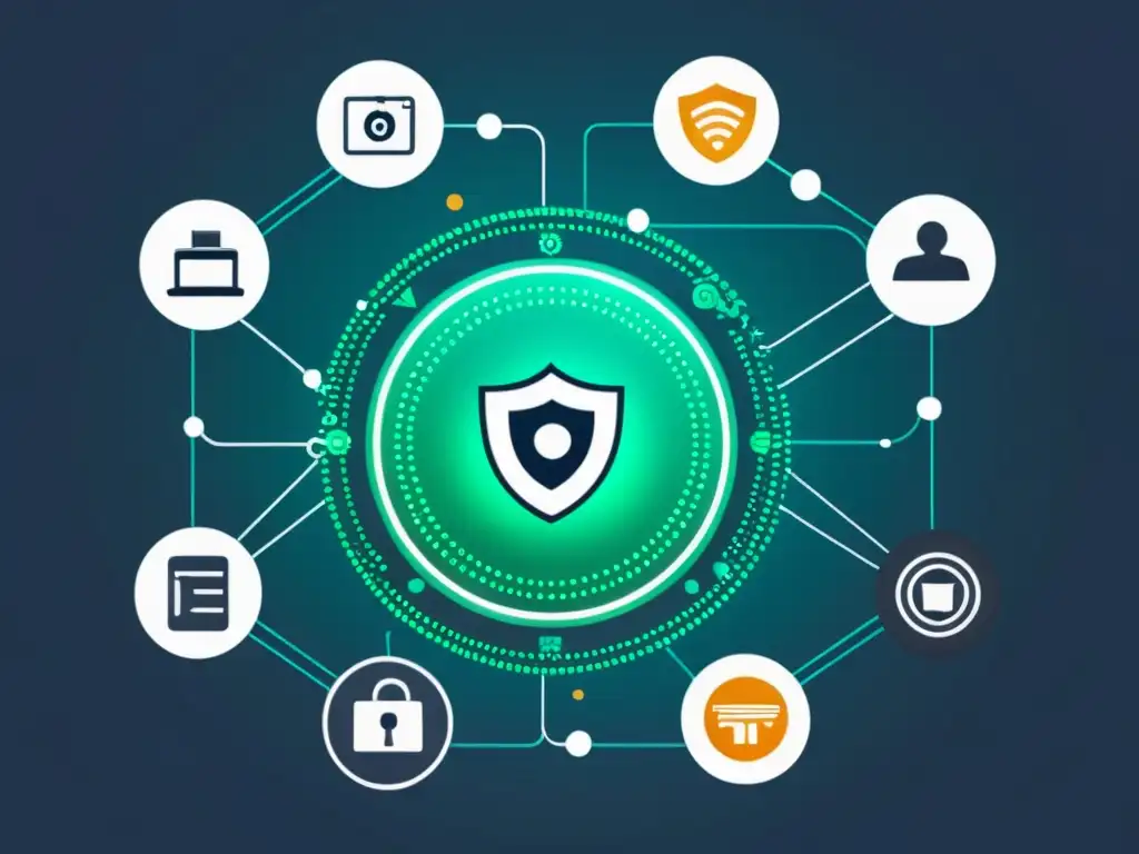 Una ilustración digital de alta resolución que muestra dispositivos IoT interconectados, resaltando la seguridad y el cumplimiento normativo