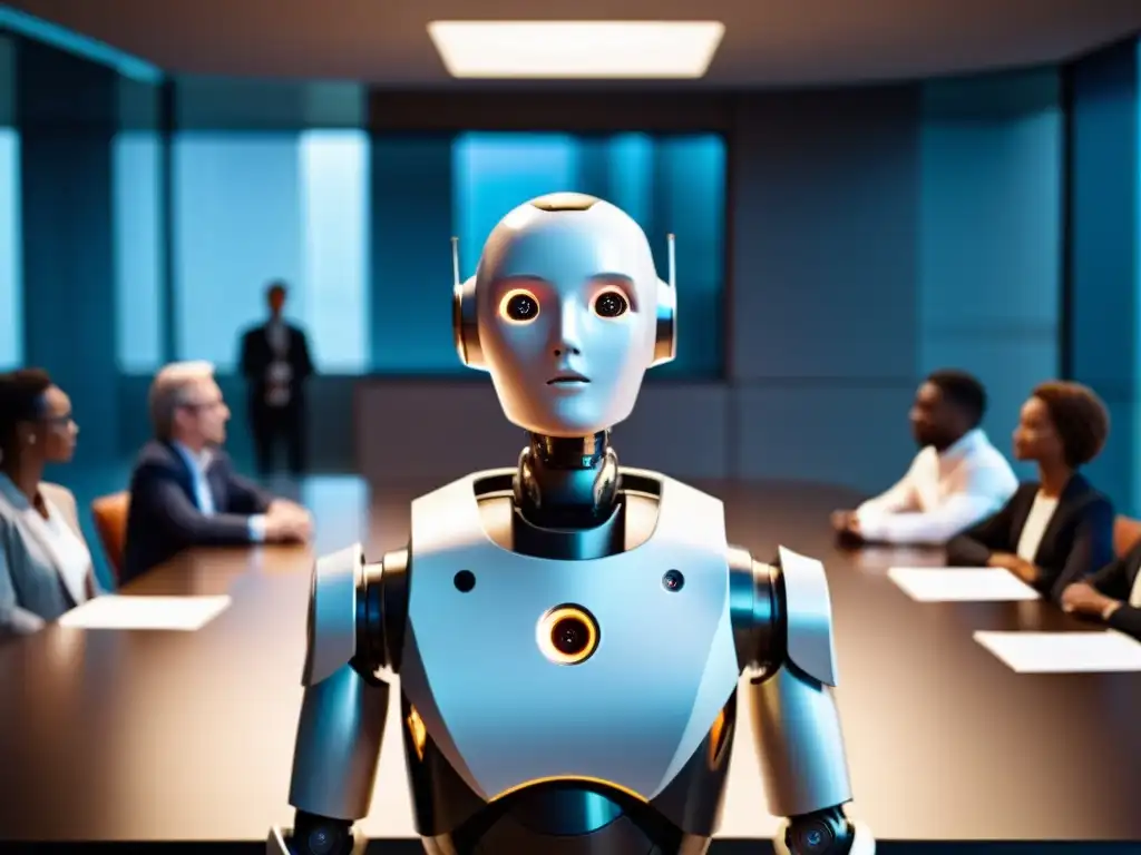 Dilemas éticos inteligencia artificial: Un robot contemplativo en una sala futurista, debatiendo con humanos diversos