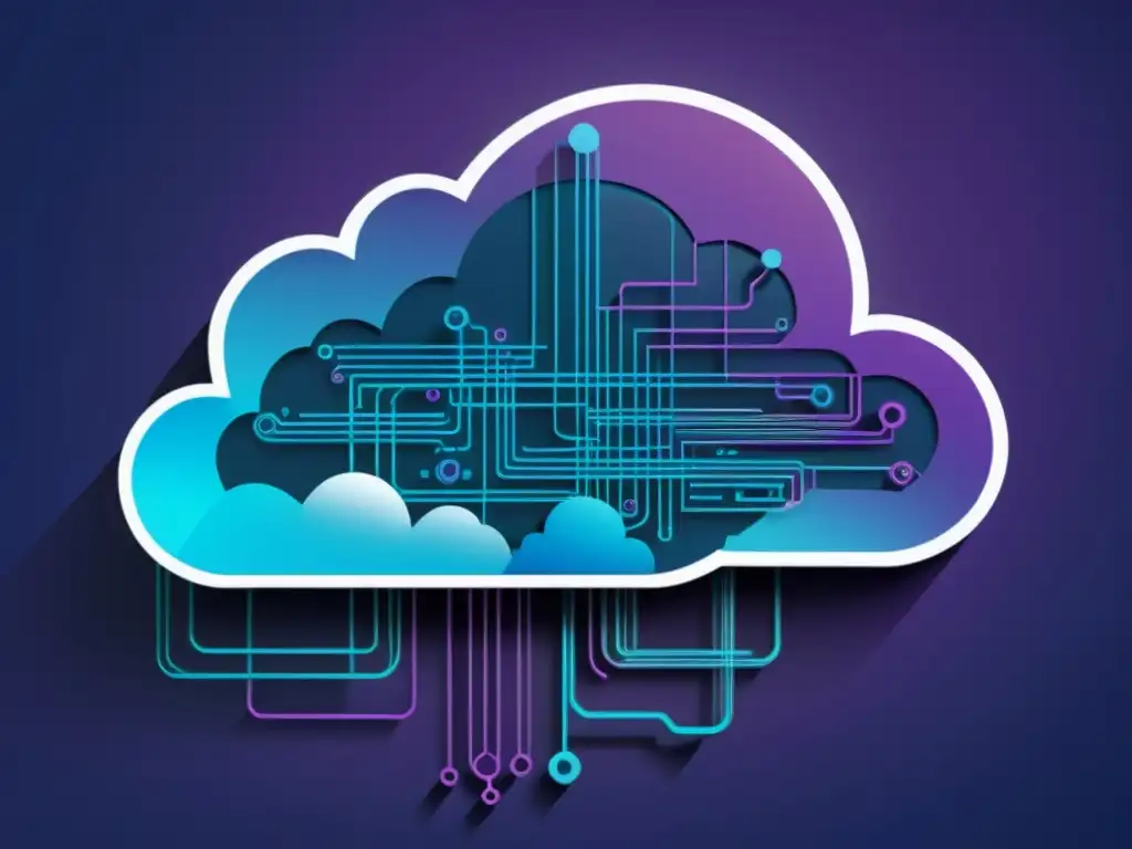 Un diseño futurista de una nube con patrones de circuitos integrados, simbolizando la integración de sistemas criptográficos en la nube