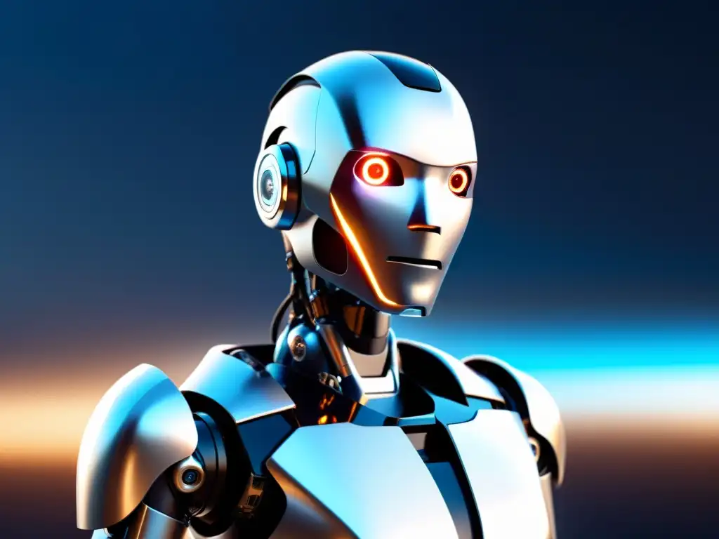 Diseño de robots con empatía: Una imagen moderna de un robot humanoide con ojos expresivos, en una pose dinámica y fondo futurista