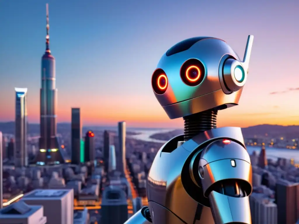 Diseño de robots con empatía: Un robot moderno y elegante con forma humana, rodeado de una ciudad futurista y personas esperanzadas