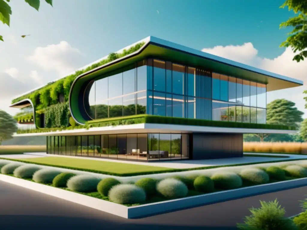 Diseño sostenible con realidad aumentada: Imagen futurista de edificio ecoamigable y tecnológico en 8k ultradetallado