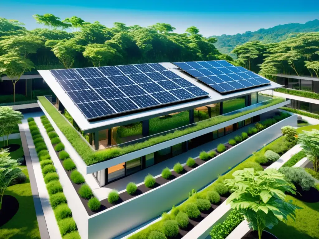 Diseño sostenible con realidad aumentada: Edificio moderno rodeado de naturaleza, paneles solares y tecnología ecoconsciente