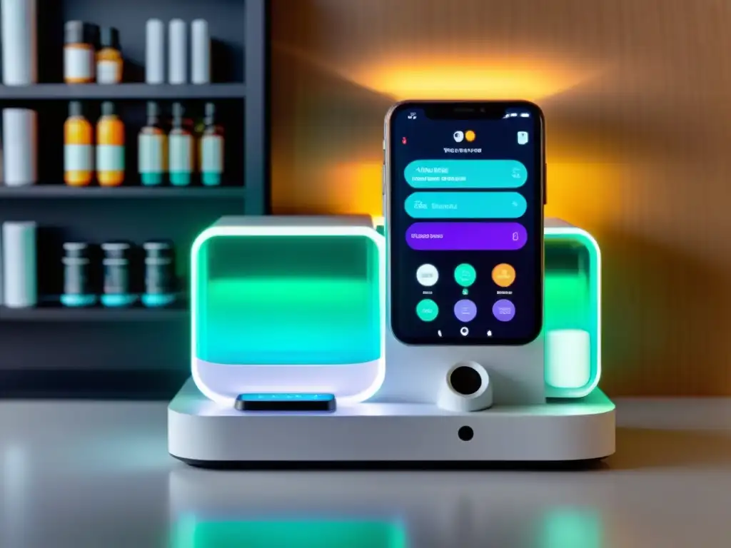 Un dispensador futurista de medicamentos con IoT, mostrando una interfaz táctil vibrante