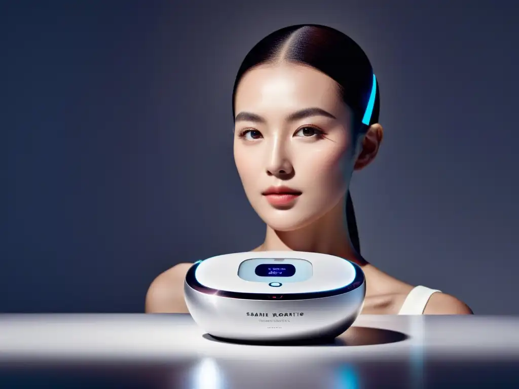 Dispositivo de belleza futurista con inteligencia artificial en cuidado personal, diseño elegante y personalización avanzada