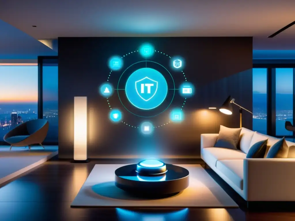 Dispositivo IoT futurista en un hogar inteligente Dispositivo IoT futurista mostrando datos y seguridad, rodeado de otros dispositivos conectados