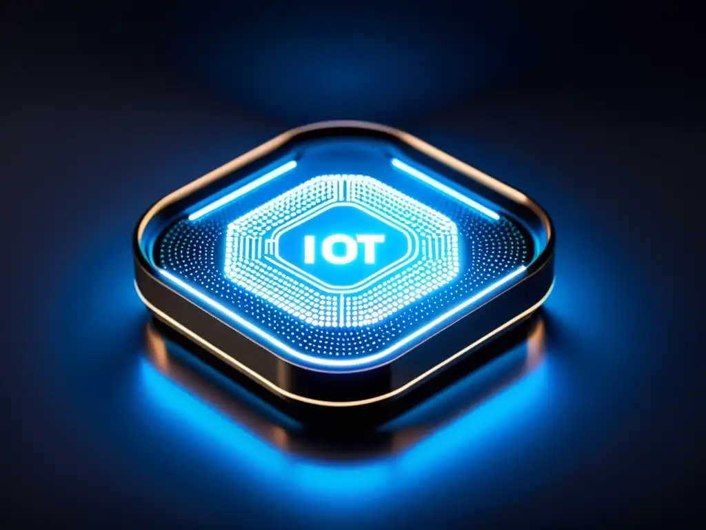 'Un dispositivo IoT futurista y detallado resalta la importancia de la ciberseguridad en la Era del IoT, con circuitos y luces azules