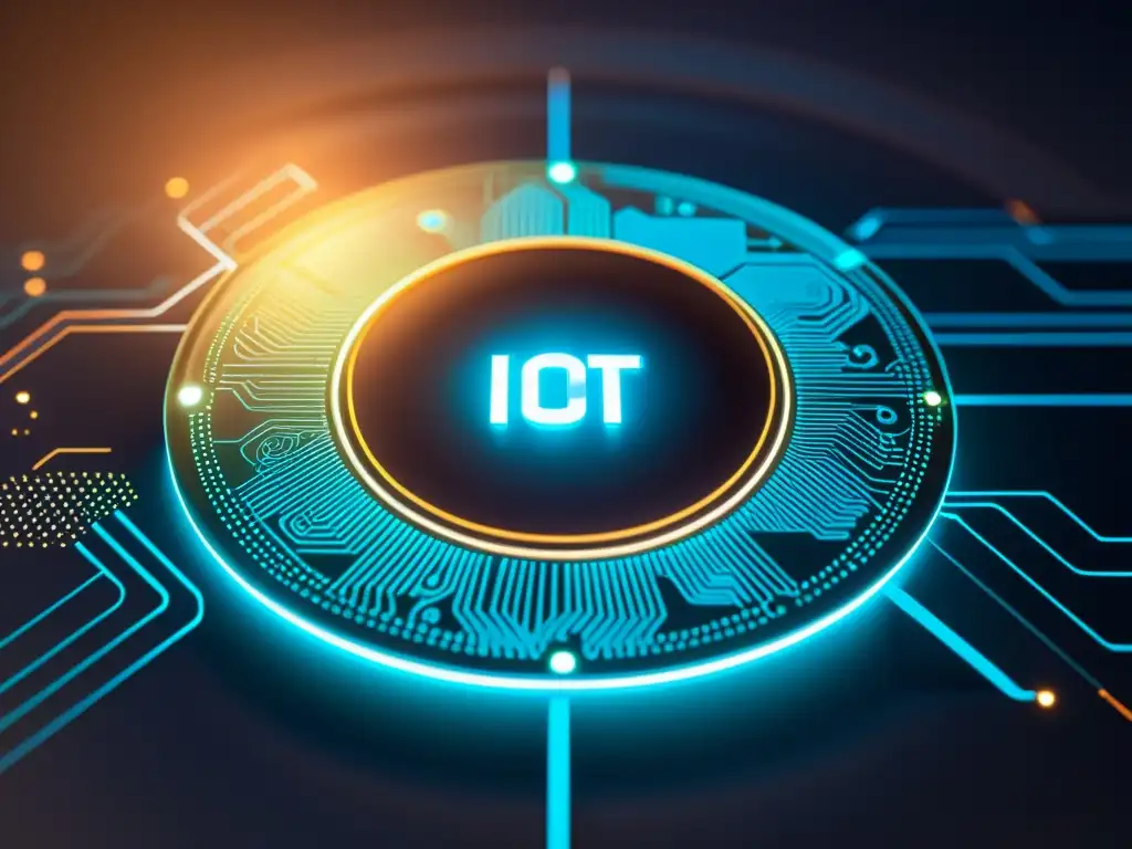 Dispositivo IoT futurista con encriptación avanzada, circuitos intrincados y luces de seguridad, resaltando la importancia de encriptación en IoT