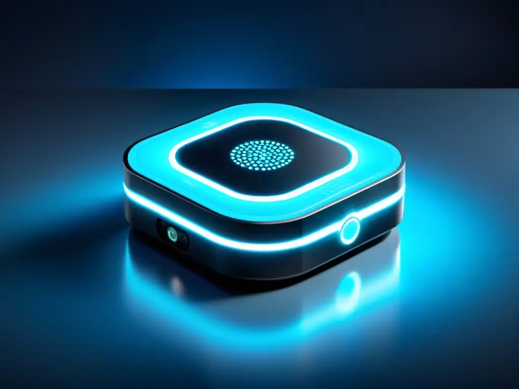 Dispositivo IoT futurista en una habitación con luz tenue azul, prevención ciberespionaje dispositivos IoT