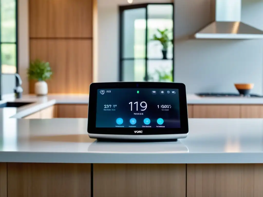 Un dispositivo futurista para el hogar con asistente de voz, mostrando el impacto 5G en la vida cotidiana en una cocina moderna y minimalista