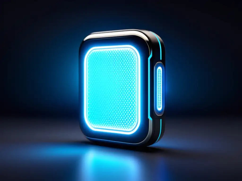 Dispositivo IoT futurista con patrones de circuitos y luces azules brillantes en un fondo oscuro de alta tecnología