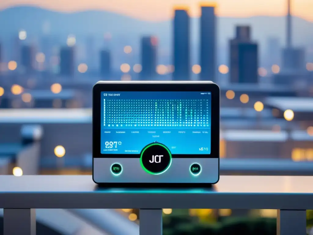 Un dispositivo IoT industrial futurista monitorea la calidad del aire en entorno urbano