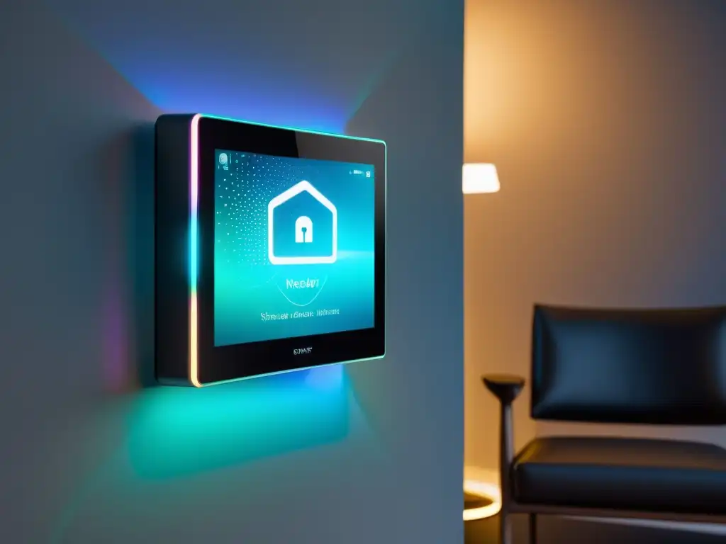 Dispositivo inteligente con interfaz holográfica futurista, protegiendo contra ciberespionaje en hogar moderno