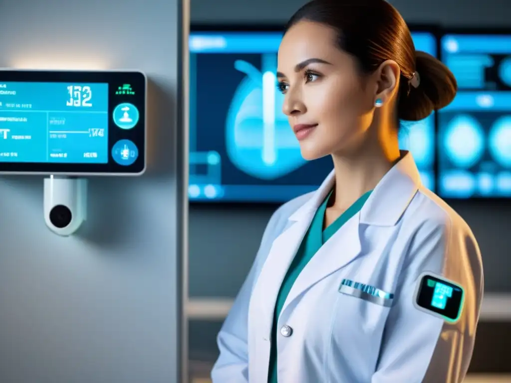 Un dispositivo médico futurista muestra datos de salud en tiempo real, simbolizando la transformación del monitoreo de pacientes a distancia