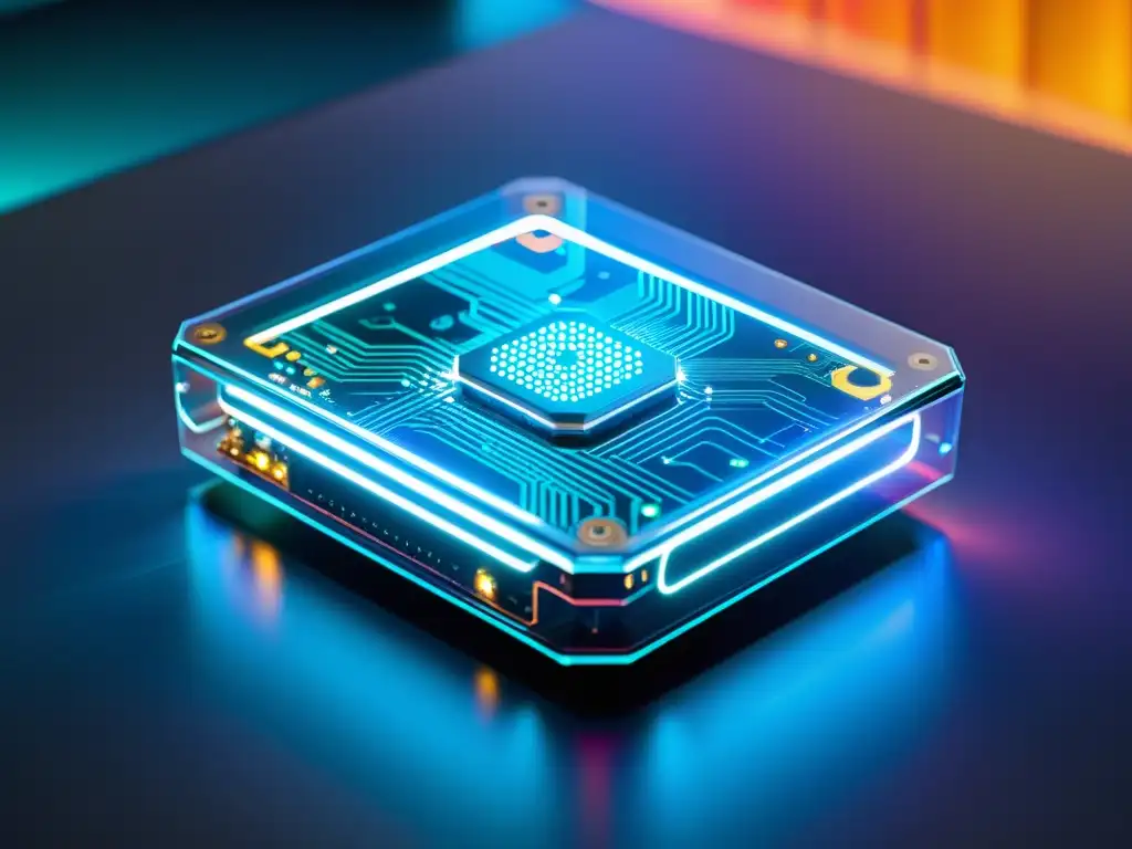 Dispositivo IoT moderno y futurista con circuitos visibles Dispositivo IoT moderno con circuitos visibles, rodeado de patrones dinámicos y datos