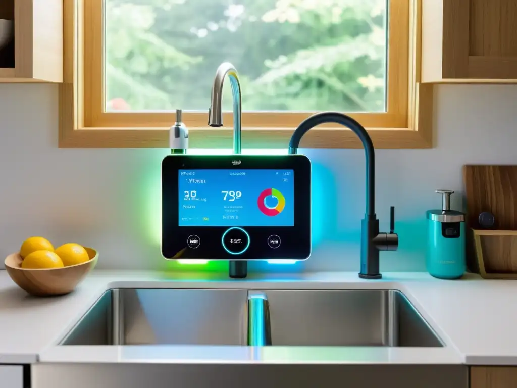 Un dispositivo IoT moderno y elegante bajo el fregadero de la cocina, mostrando datos de flujo y uso de agua en tiempo real