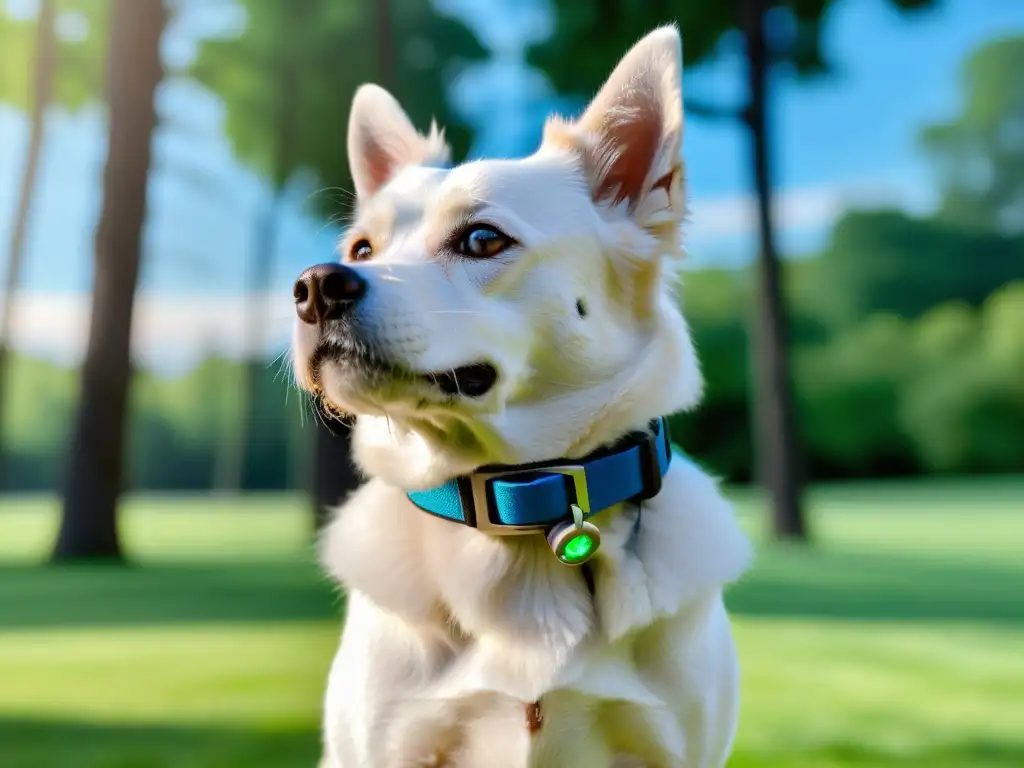 Un dispositivo rastreador para mascotas con GPS y monitoreo de salud, en un collar azul vibrante en un perro blanco